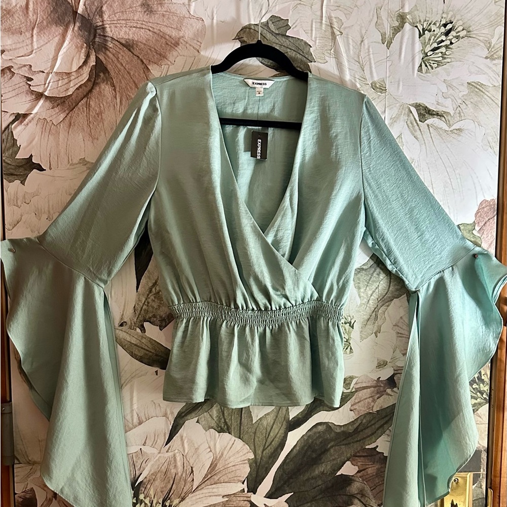 Express Sea-foam Green Wrap Blouse with Bell Sleeves